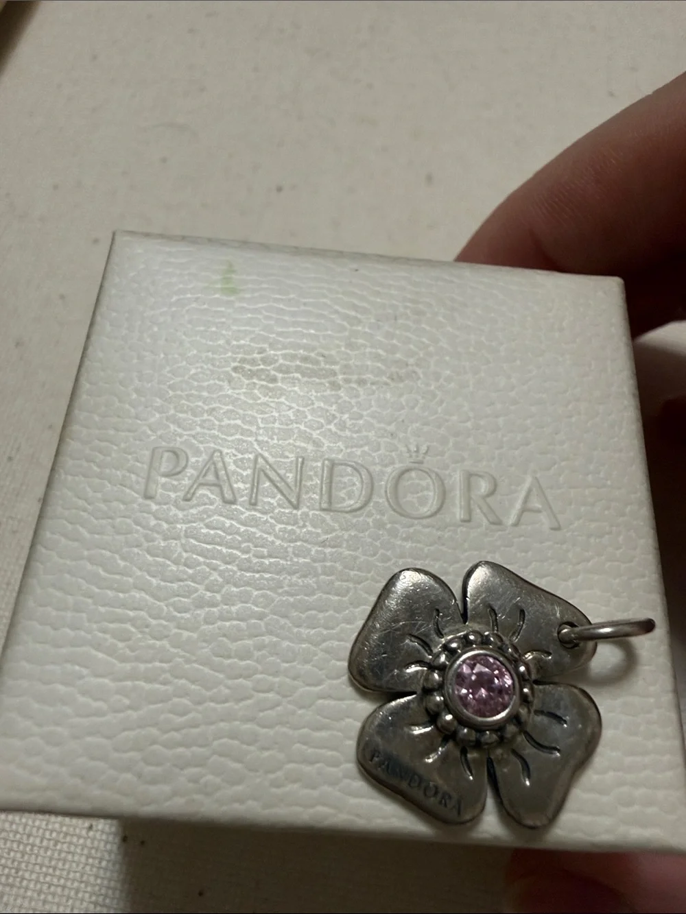 Pandora Sterling Silver 925 Flower Charm Pendant W/Pink Center Crystal W/Box